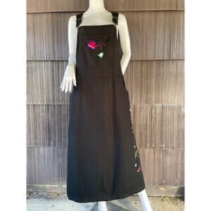 🔥VTG Mandal Bay Bib Black Jumper Dress Garden Jasmine Dragonfly Frog Ladybug L